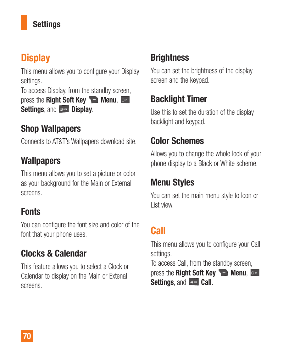 Display, Shop wallpapers, Wallpapers | Fonts, Clocks & calendar, Brightness, Backlight timer, Color schemes, Menu styles, Call | LG A340 User Manual | Page 70 / 113