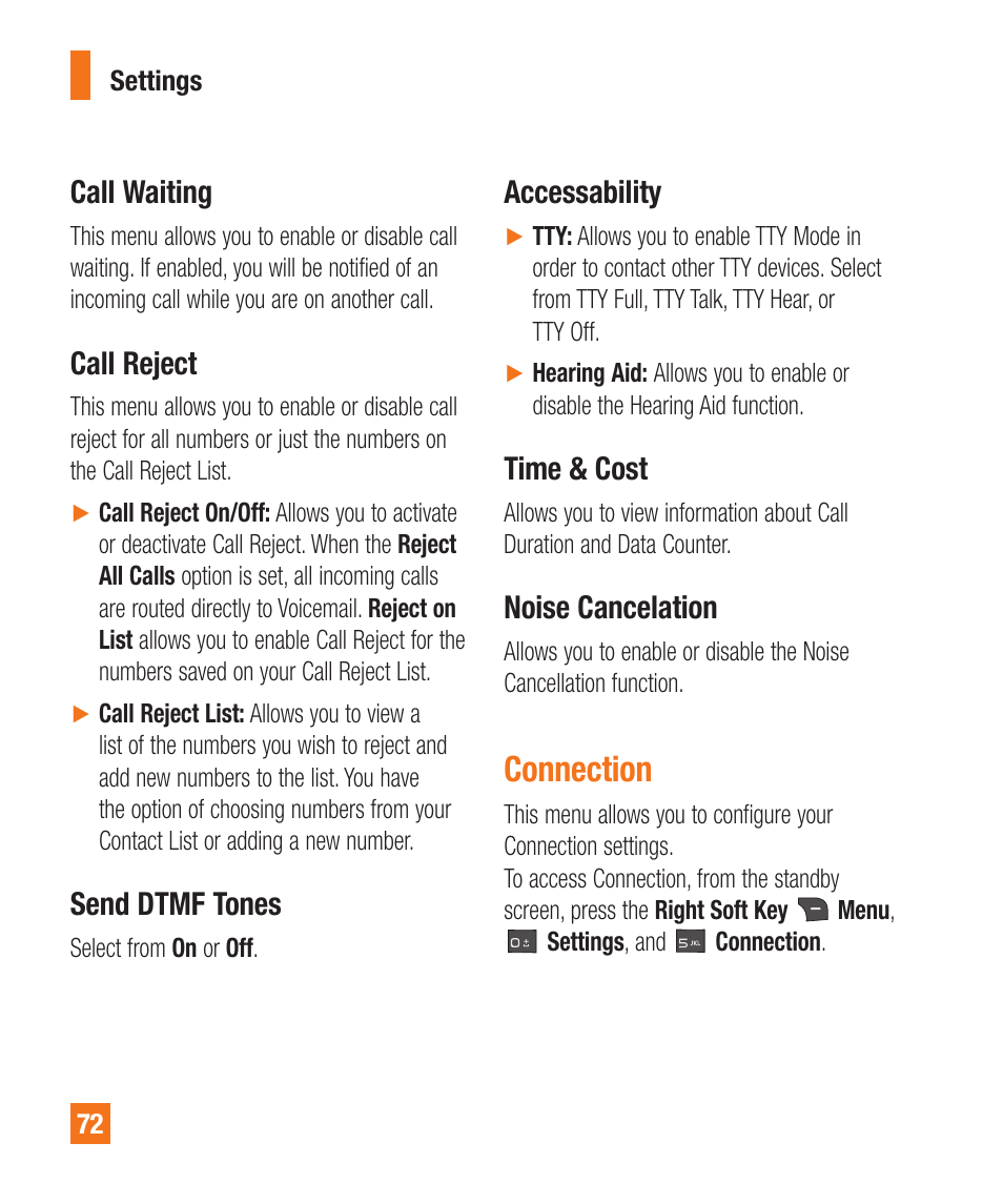 Call waiting, Call reject, Send dtmf tones | Accessability, Time & cost, Noise cancelation, Connection | LG A340 User Manual | Page 72 / 113