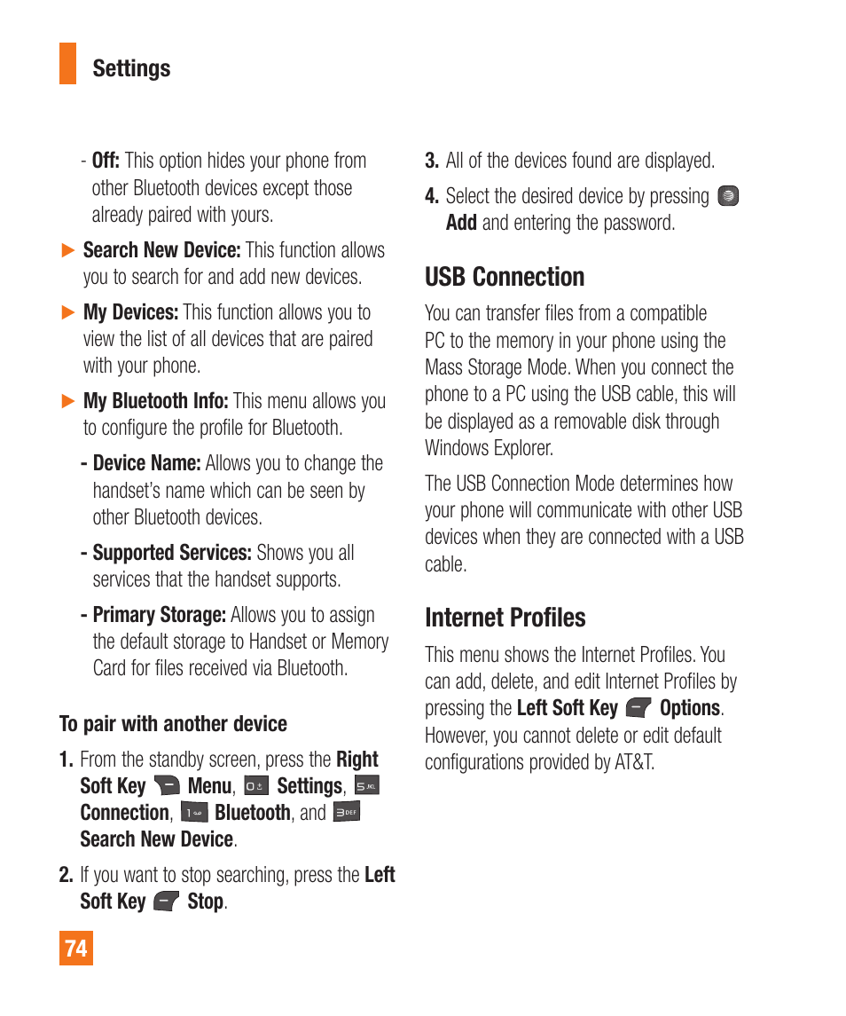 Usb connection, Internet profiles | LG A340 User Manual | Page 74 / 113