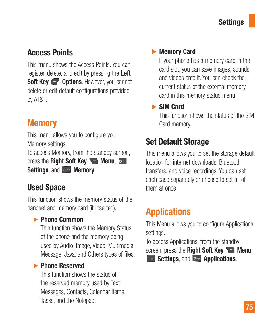 Access points, Memory, Used space | Set default storage, Applications | LG A340 User Manual | Page 75 / 113