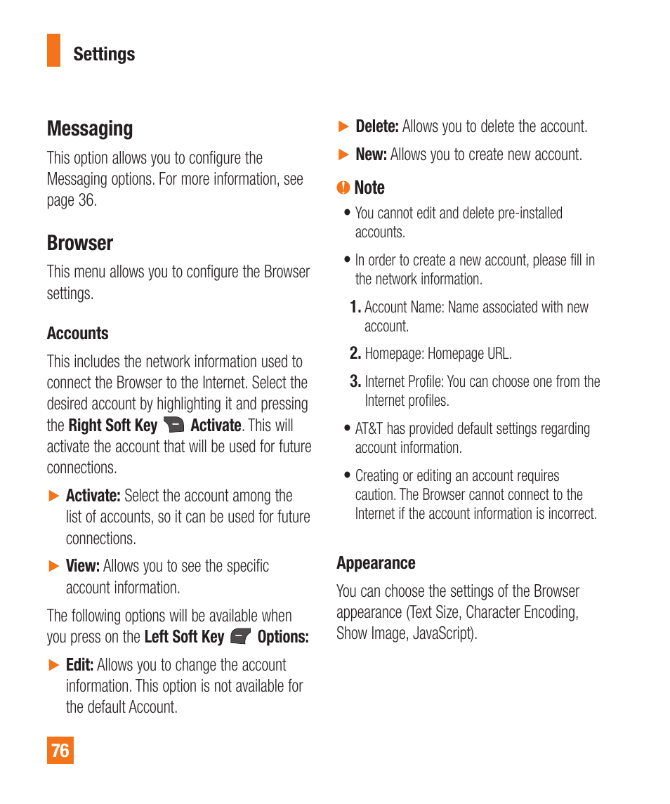 Messaging, Browser | LG A340 User Manual | Page 76 / 113