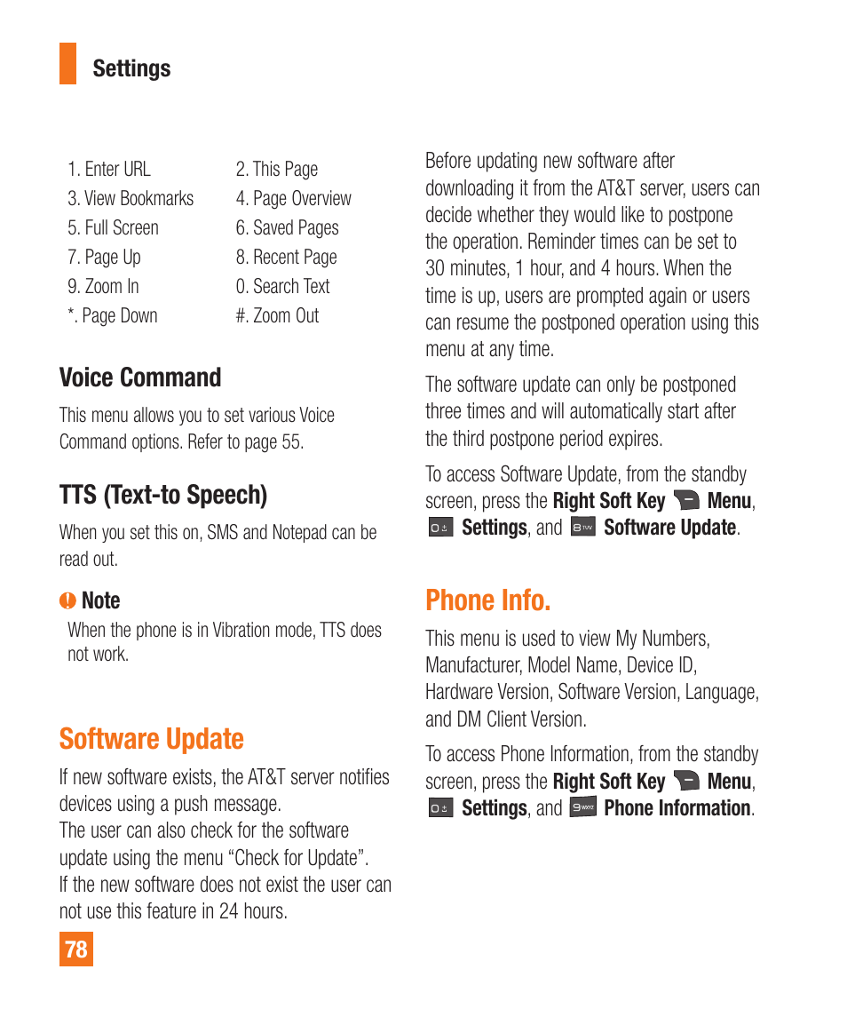 Voice command, Tts (text-to speech), Software update | Phone info | LG A340 User Manual | Page 78 / 113