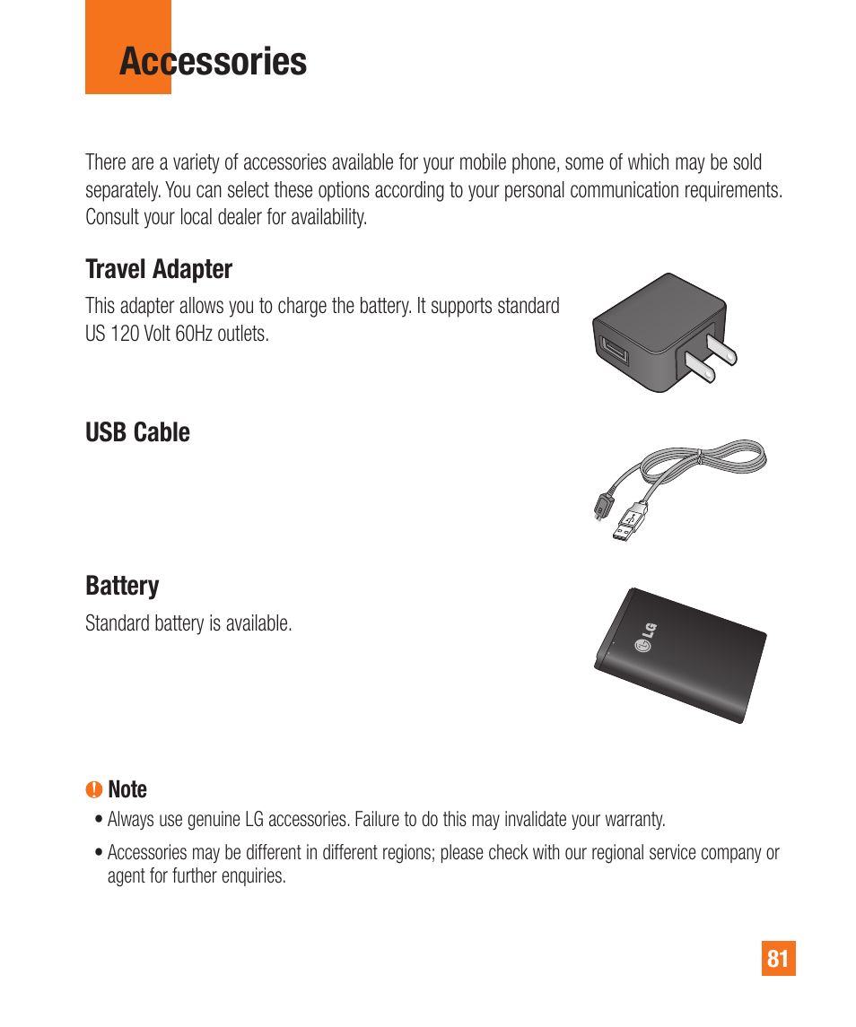 Accessories | LG A340 User Manual | Page 81 / 113