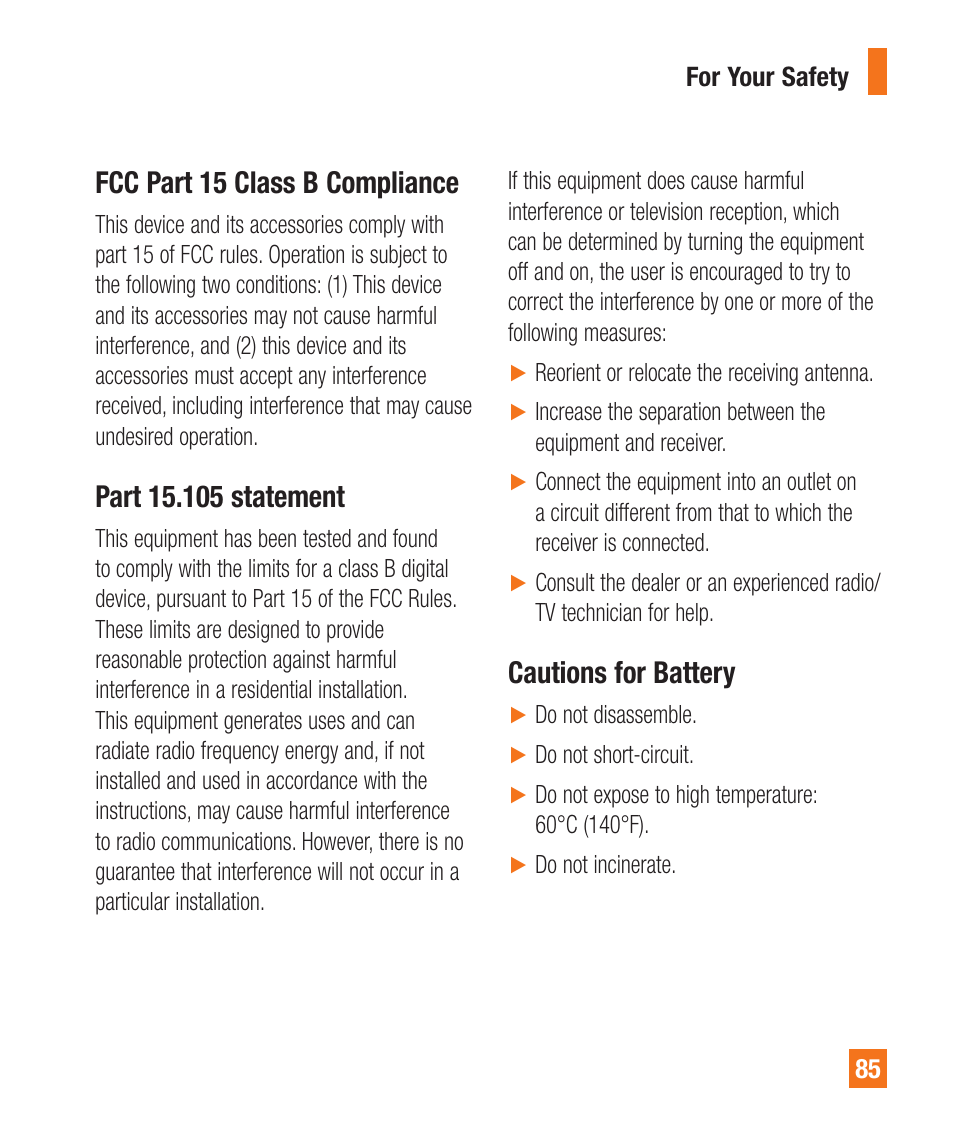 Fcc part 15 class b compliance, Cautions for battery | LG A340 User Manual | Page 85 / 113