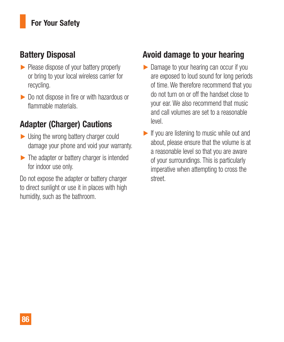 Battery disposal, Adapter (charger) cautions, Avoid damage to your hearing | LG A340 User Manual | Page 86 / 113