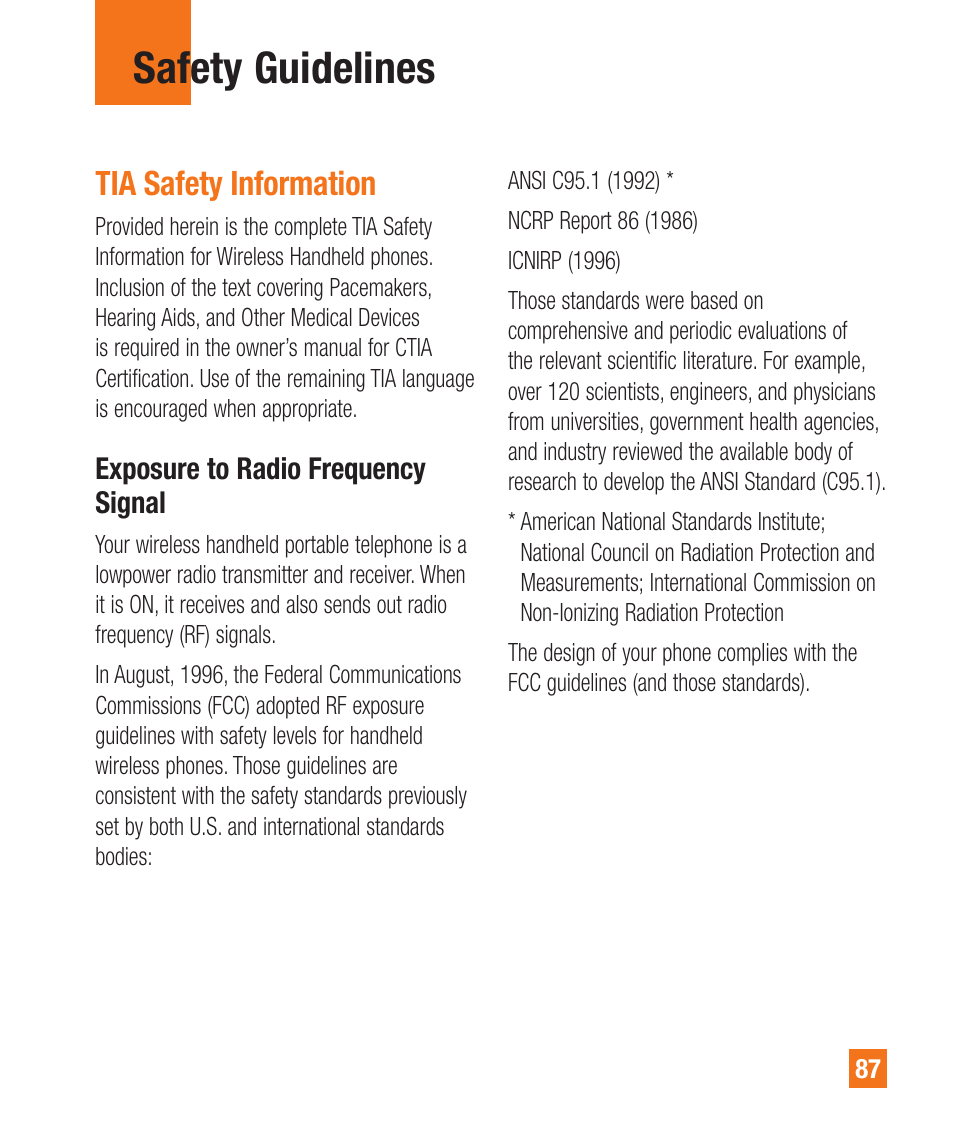 Safety guidelines, Tia safety information | LG A340 User Manual | Page 87 / 113