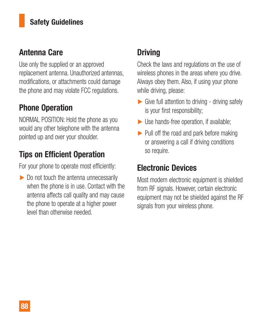 Antenna care, Phone operation, Tips on efficient operation | Driving, Electronic devices | LG A340 User Manual | Page 88 / 113