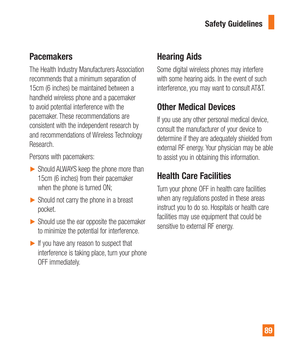 Pacemakers, Hearing aids, Other medical devices | Health care facilities | LG A340 User Manual | Page 89 / 113