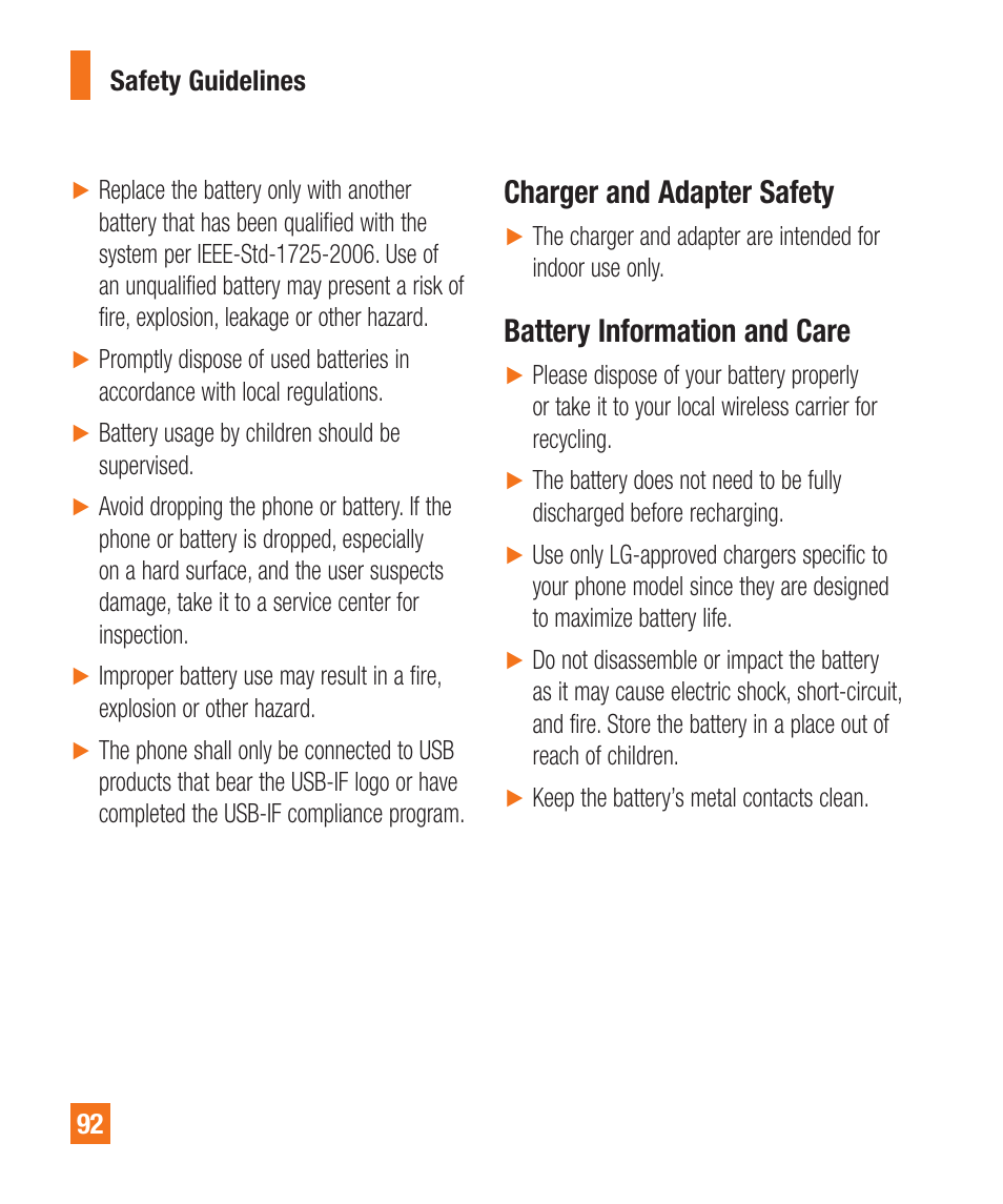 Charger and adapter safety, Battery information and care | LG A340 User Manual | Page 92 / 113