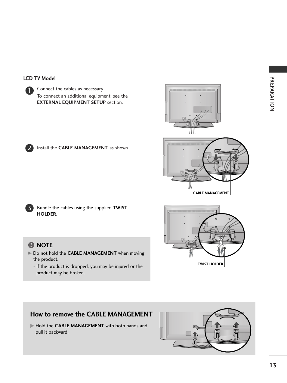 Lcd tv model, How to remove the cable management | LG 32LC7D User Manual | Page 15 / 94