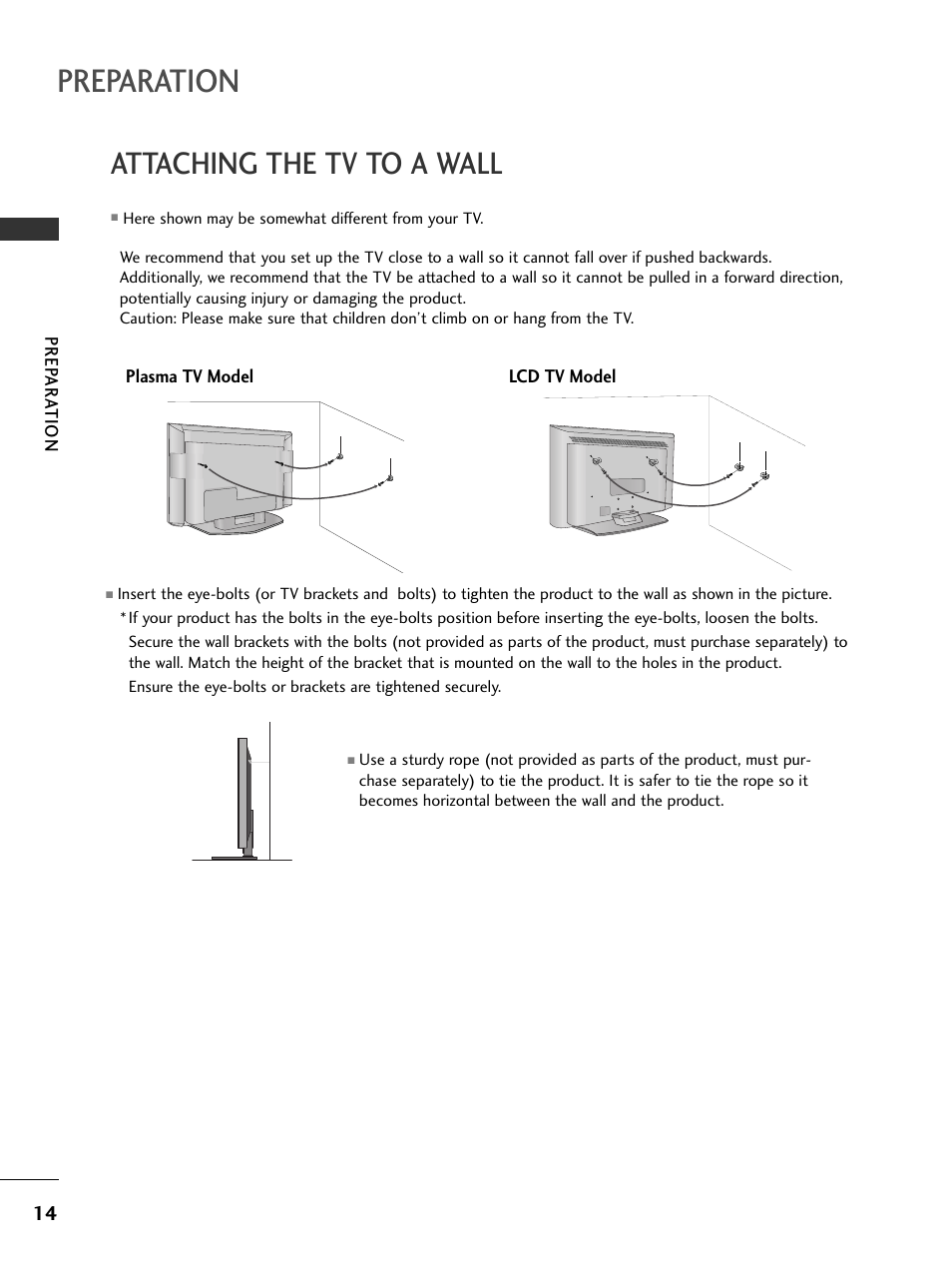 Attaching the tv to a wall, Preparation | LG 32LC7D User Manual | Page 16 / 94