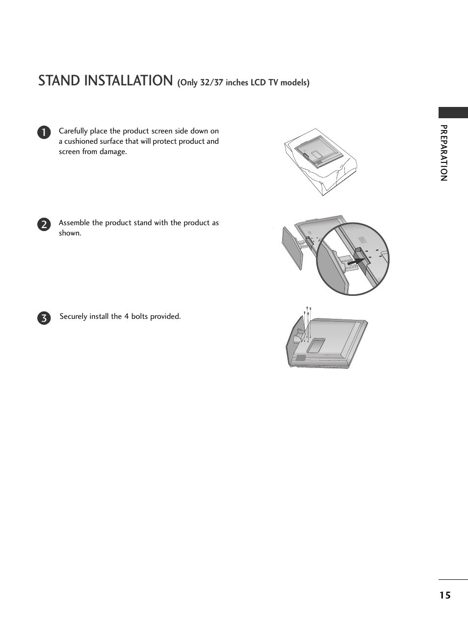 Stand installation | LG 32LC7D User Manual | Page 17 / 94