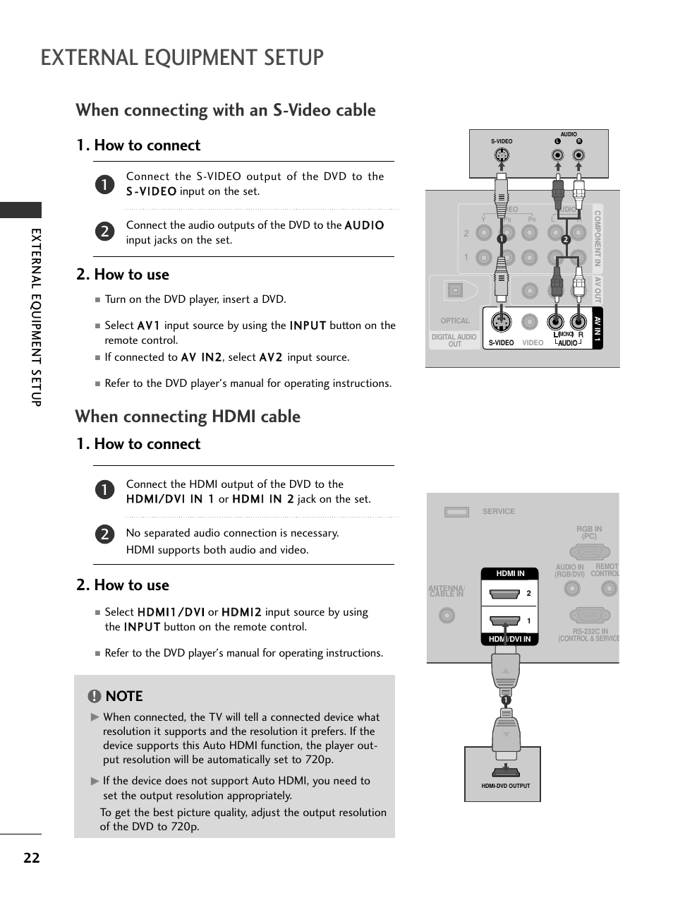 When connecting with an s-video cable, When connecting hdmi cable, External equipment setup | How to connect 2. how to use, External eq uipment setup | LG 32LC7D User Manual | Page 24 / 94