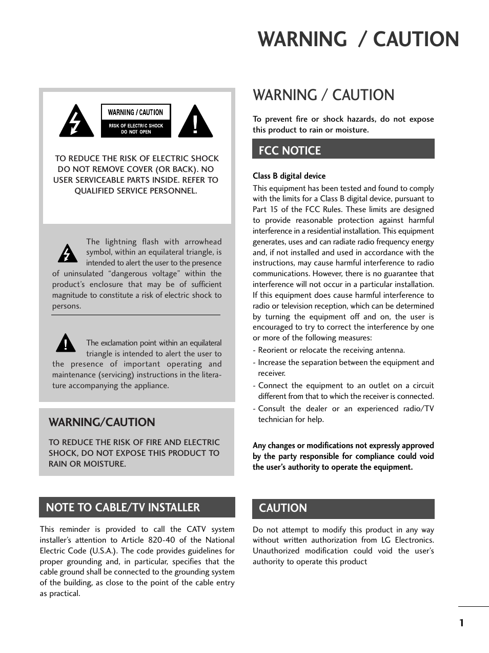 Warning / caution, Fcc notice, Caution | Warning/caution | LG 32LC7D User Manual | Page 3 / 94