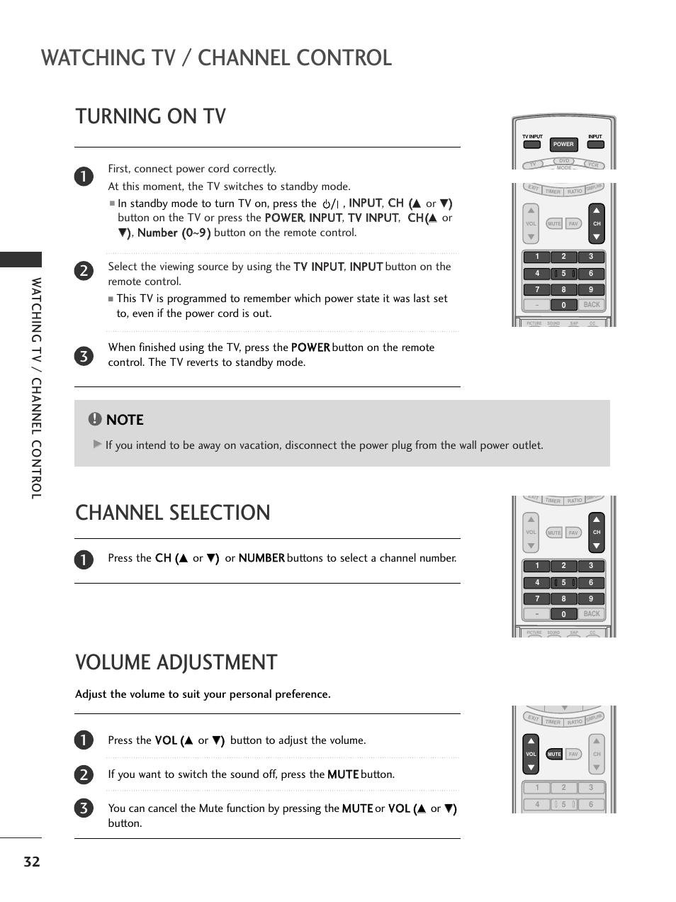 Turning on tv, Channel selection, Volume adjustment | Watching tv / channel control, Volume adjustment channel selection, Wa tching tv / channel contr ol | LG 32LC7D User Manual | Page 34 / 94