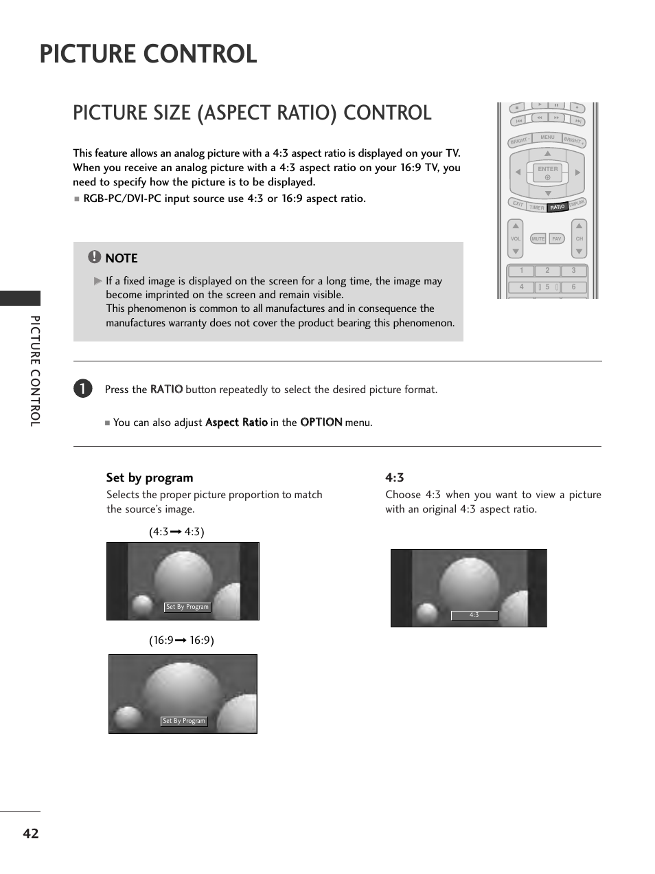 Picture control, Picture size (aspect ratio) control, Picture contr ol | Set by program | LG 32LC7D User Manual | Page 44 / 94