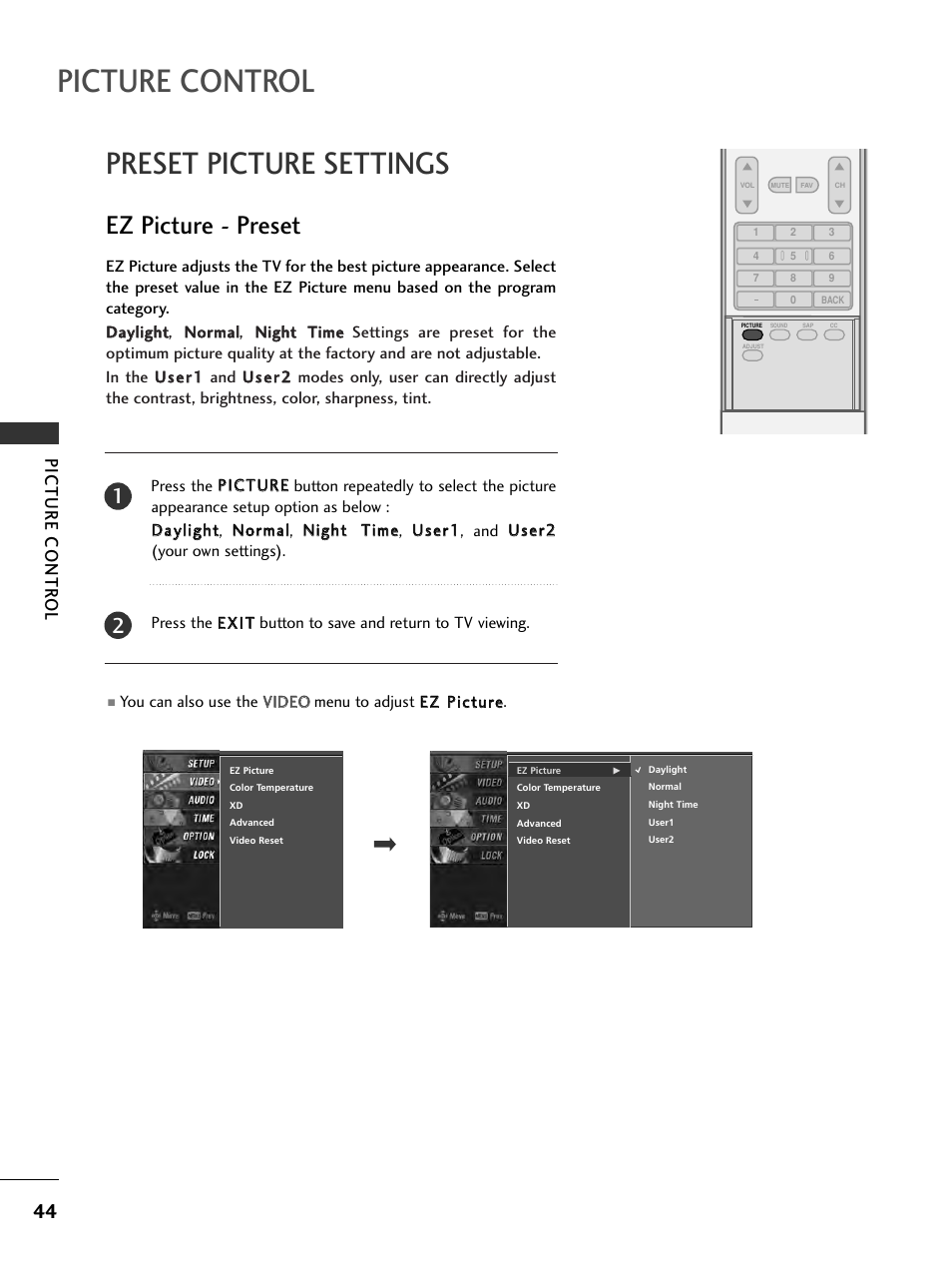 Preset picture settings, Ez picture - preset, Picture control | Picture contr ol | LG 32LC7D User Manual | Page 46 / 94