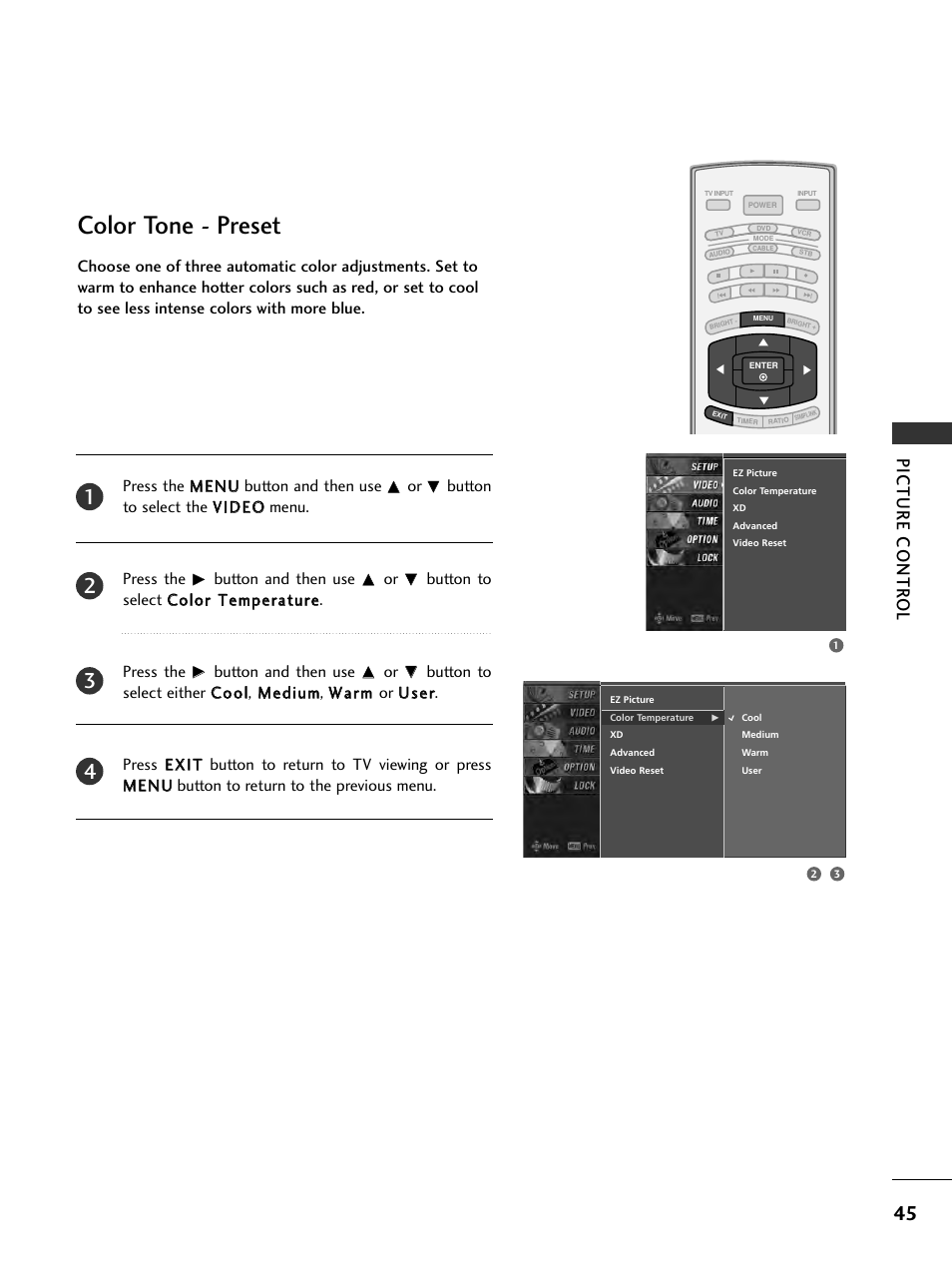 Color tone - preset, Picture contr ol | LG 32LC7D User Manual | Page 47 / 94