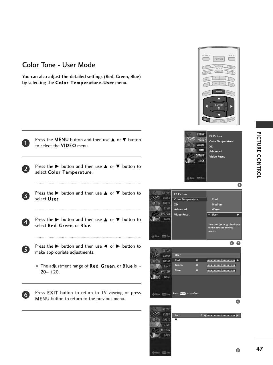 Color tone - user mode, Picture contr ol | LG 32LC7D User Manual | Page 49 / 94