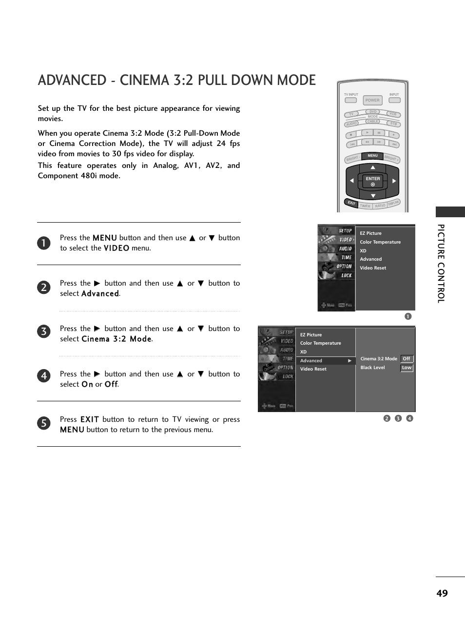 Advanced - cinema 3:2 pull down mode, Picture contr ol | LG 32LC7D User Manual | Page 51 / 94