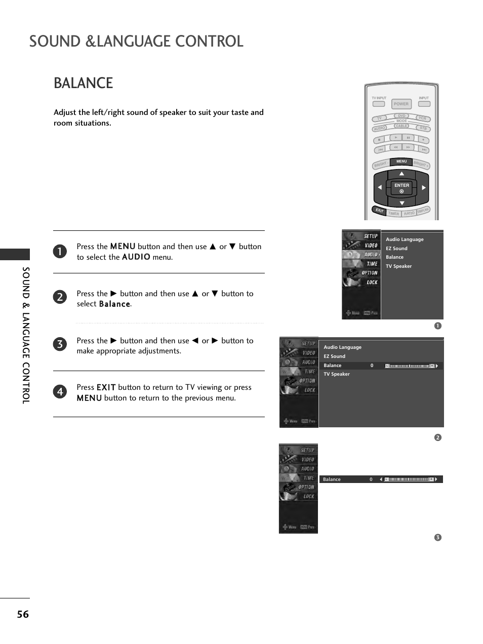 Balance, Sound &language control, Sound & langu a ge contr ol | LG 32LC7D User Manual | Page 58 / 94