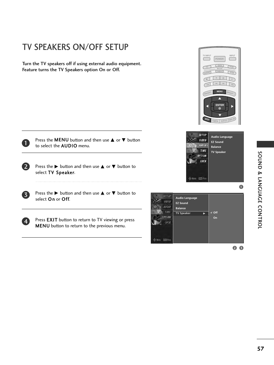 Tv speakers on/off setup, Sound & langu a ge contr ol | LG 32LC7D User Manual | Page 59 / 94