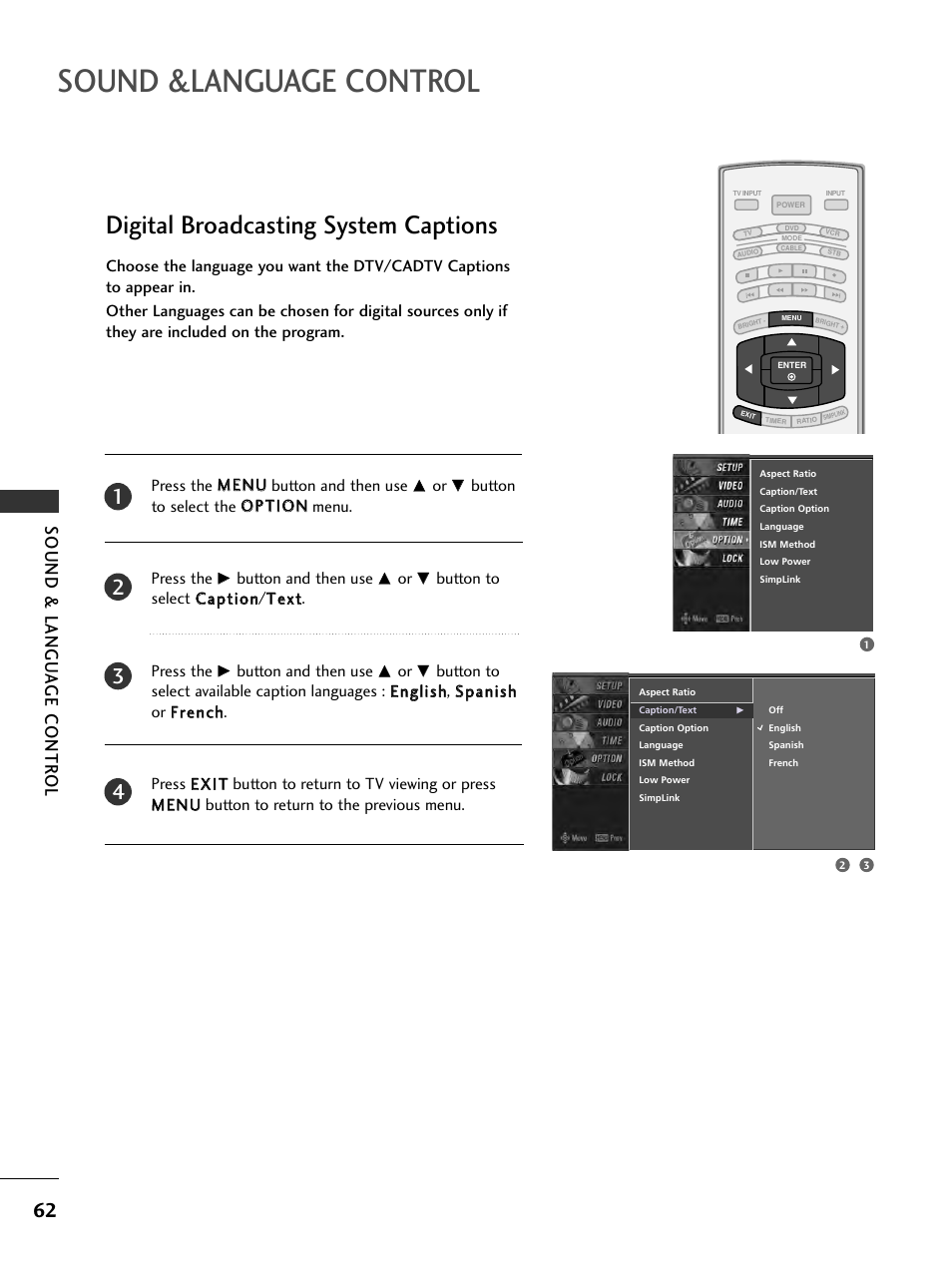 Digital broadcasting system captions, Sound &language control, Sound & langu a ge contr ol | LG 32LC7D User Manual | Page 64 / 94