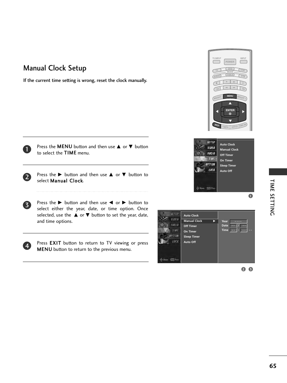 Manual clock setup, Time setting | LG 32LC7D User Manual | Page 67 / 94