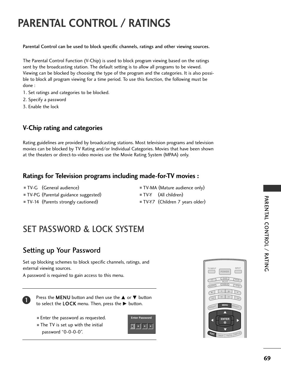 Parental control / ratings, Set password & lock system, Setting up your password | V-chip rating and categories, Parent al contr ol / r a ting | LG 32LC7D User Manual | Page 71 / 94