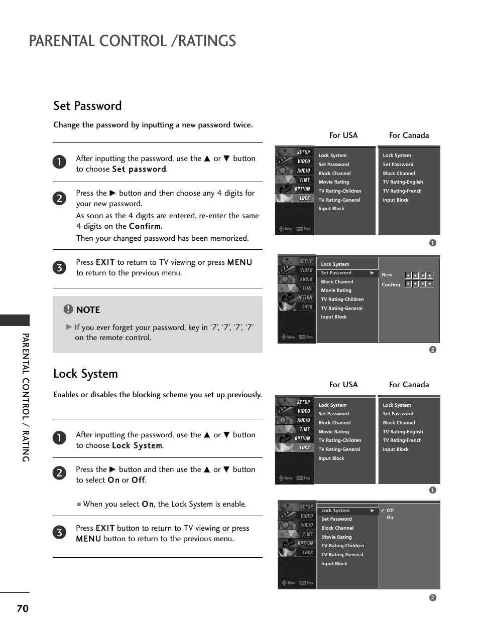 Set password, Lock system, Parental control /ratings | Set password lock system, Parent al contr ol / r a ting | LG 32LC7D User Manual | Page 72 / 94