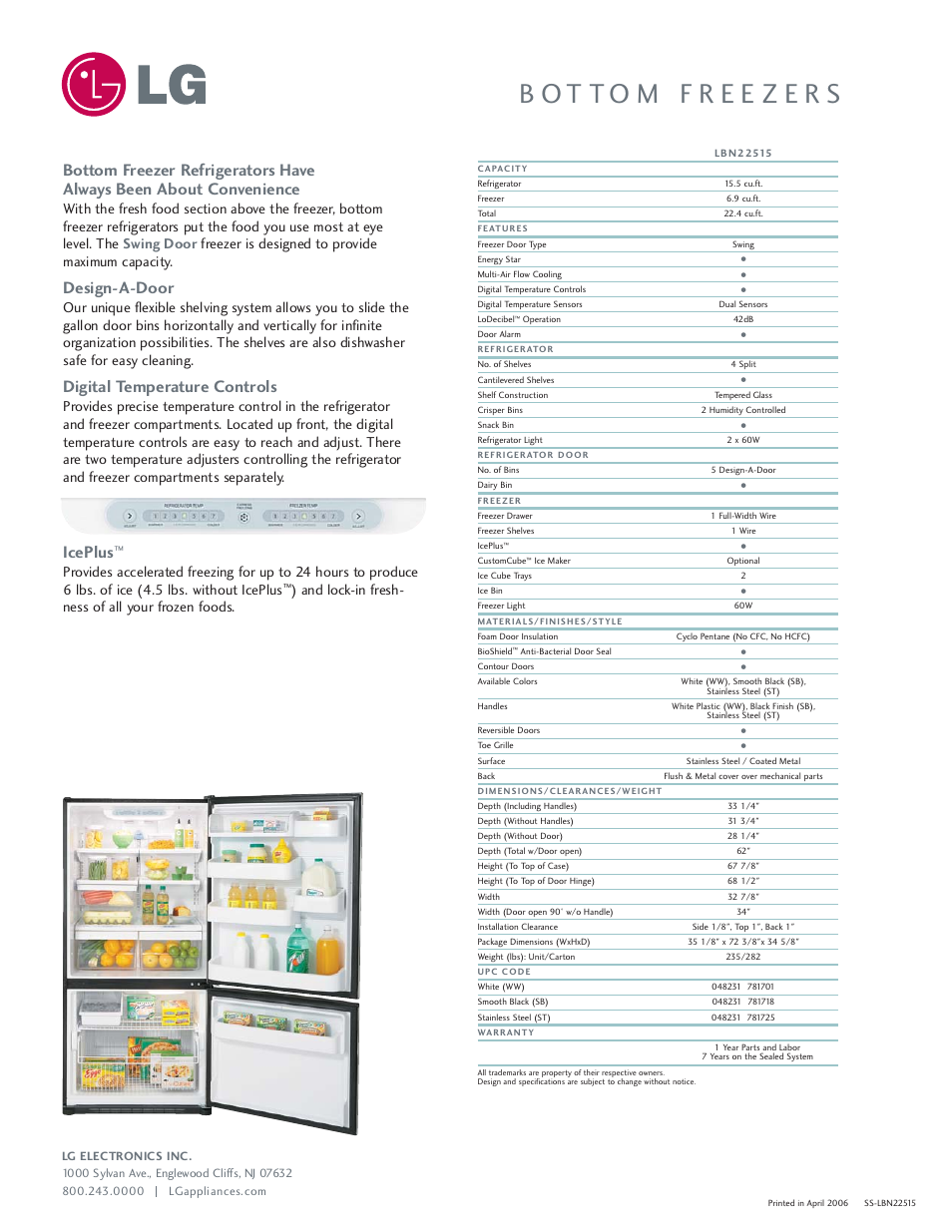 Design-a-door, Digital temperature controls, Iceplus | And lock-in fresh- ness of all your frozen foods | LG LBN22515 User Manual | Page 2 / 2