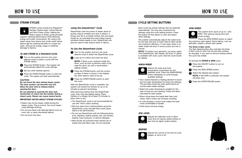 H o w to u s e, Cycle setting buttons, Steam cycles | LG WM2688H*MA User Manual | Page 12 / 37