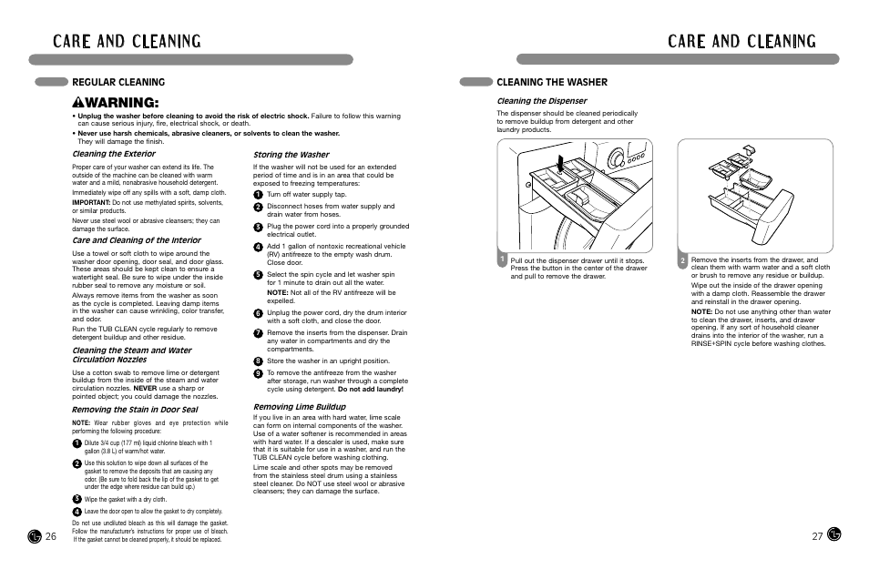 Wwarning, Cleaning the washer, Regular cleaning | LG WM2688H*MA User Manual | Page 14 / 37