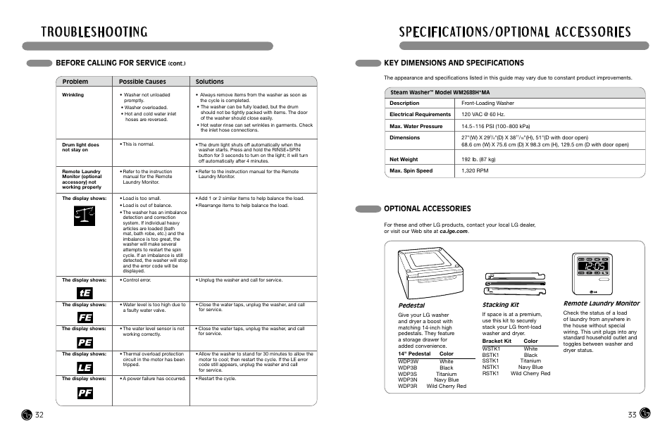 Before calling for service, Key dimensions and specifications, Optional accessories | LG WM2688H*MA User Manual | Page 17 / 37