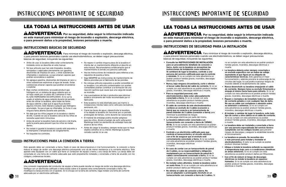Wadvertencia, Lea todas la instrucciones antes de usar, Instrucciones básicas de seguridad | Instrucciones de seguridad para la instalación, Instrucciones para la conexión a tierra | LG WM2688H*MA User Manual | Page 20 / 37