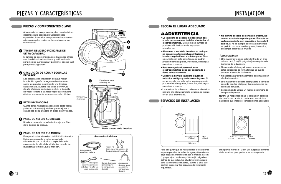 Wadvertencia, Escoja el lugar adecuado espacios de instalación, Piezas y componentes clave | LG WM2688H*MA User Manual | Page 22 / 37