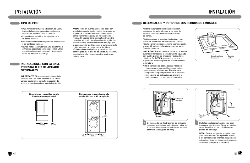 I n s ta l ac i ó n, Tipo de piso | LG WM2688H*MA User Manual | Page 23 / 37