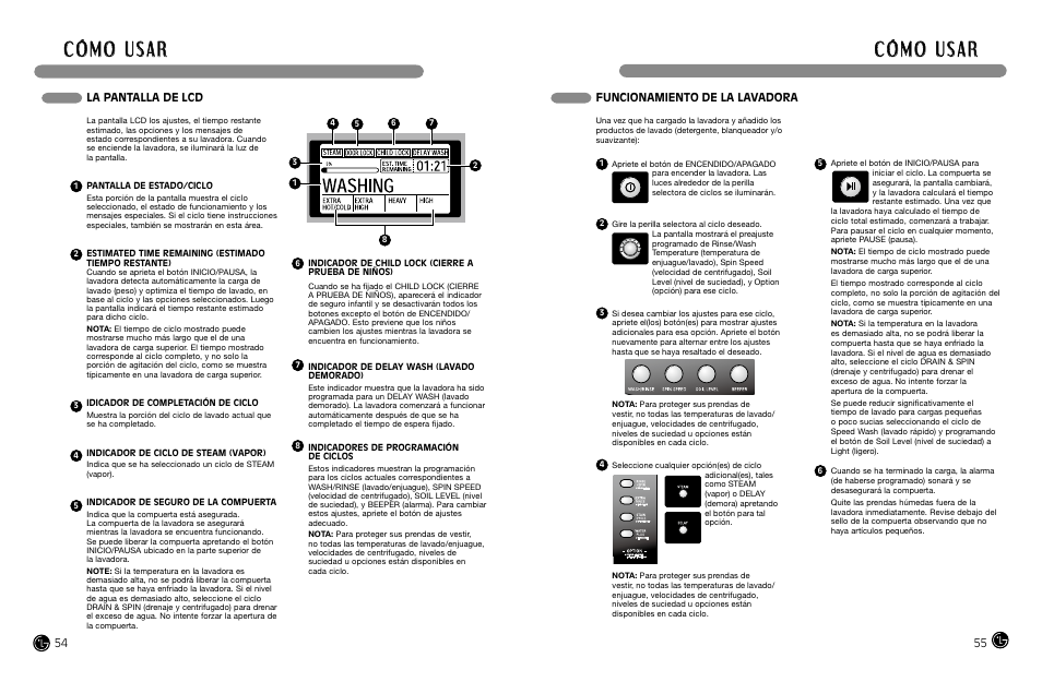 La pantalla de lcd, Funcionamiento de la lavadora | LG WM2688H*MA User Manual | Page 28 / 37