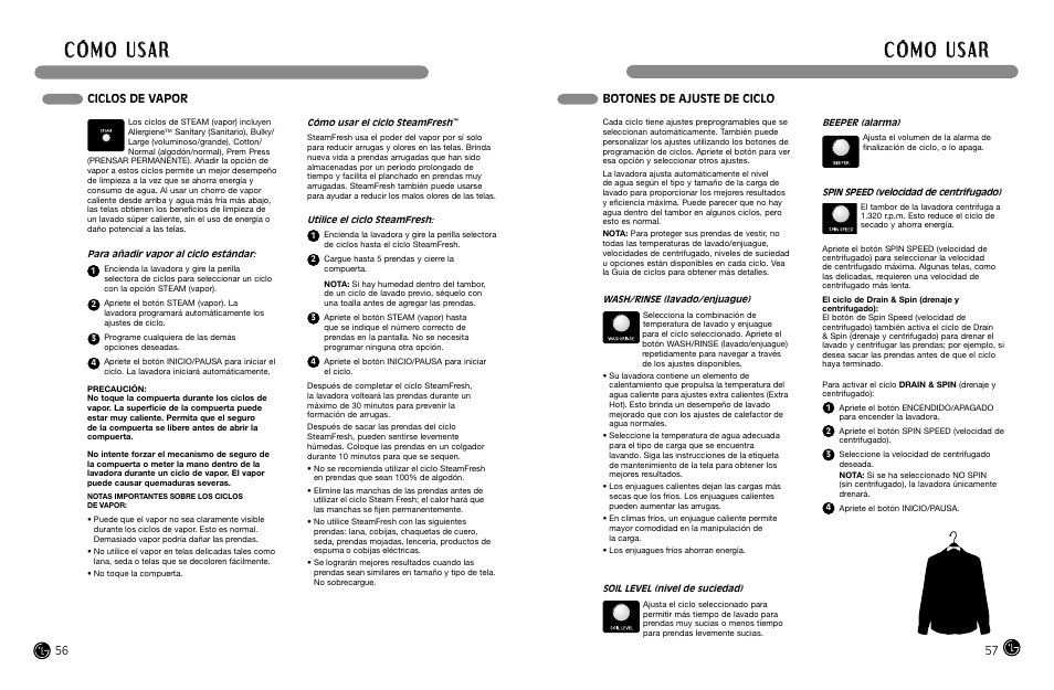 Botones de ajuste de ciclo, Ciclos de vapor | LG WM2688H*MA User Manual | Page 29 / 37