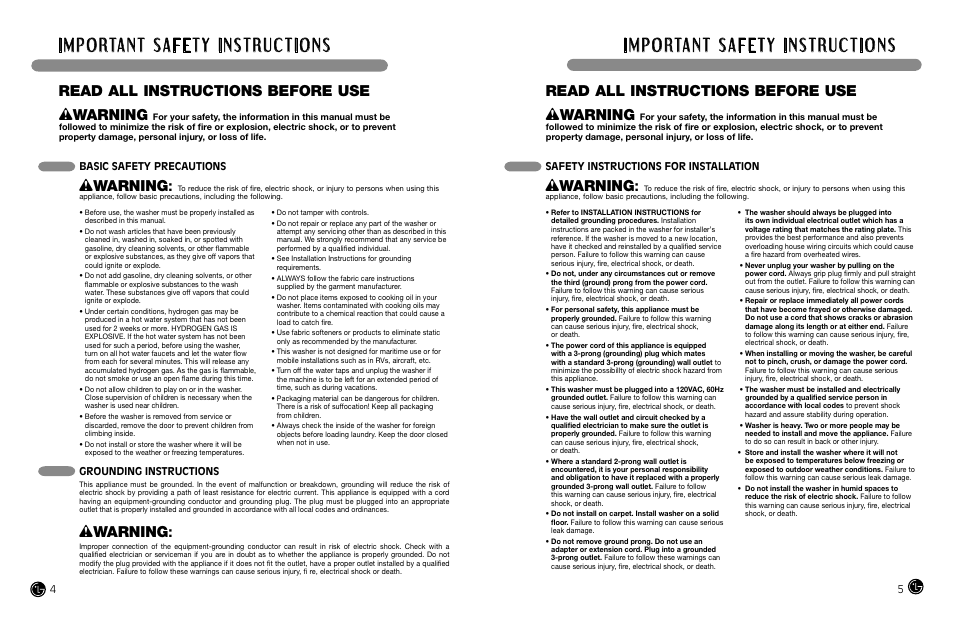 Wwarning, Read all instructions before use, Basic safety precautions | Safety instructions for installation, Grounding instructions | LG WM2688H*MA User Manual | Page 3 / 37