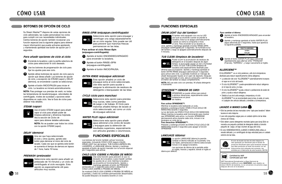 Funciones especiales, Botones de opción de ciclo | LG WM2688H*MA User Manual | Page 30 / 37