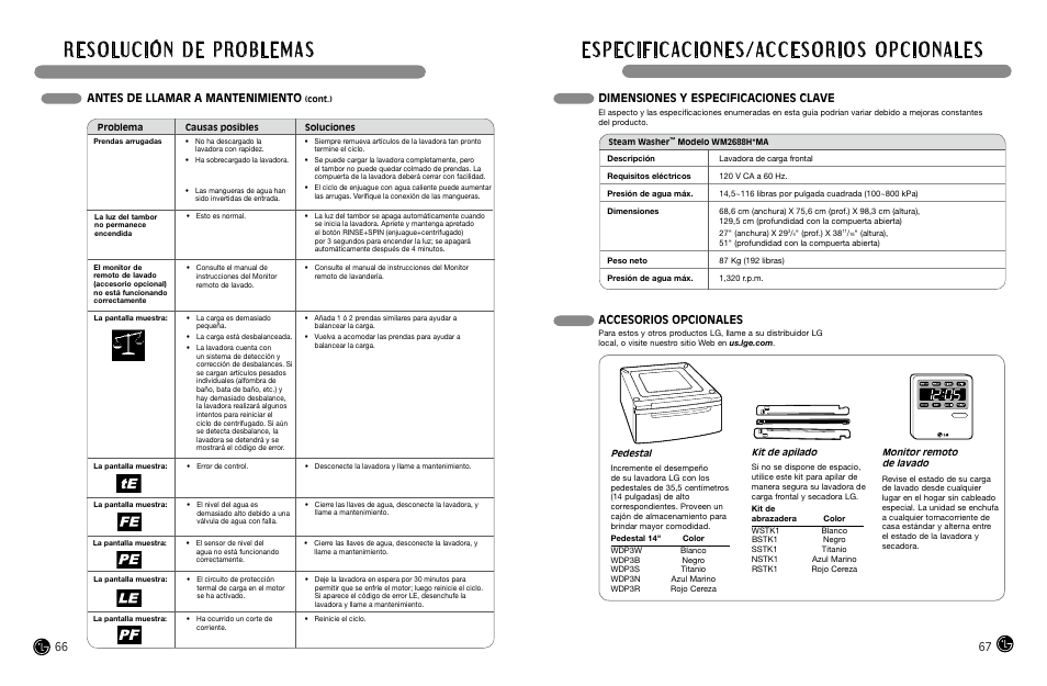 Antes de llamar a mantenimiento, Dimensiones y especificaciones clave, Accesorios opcionales | LG WM2688H*MA User Manual | Page 34 / 37