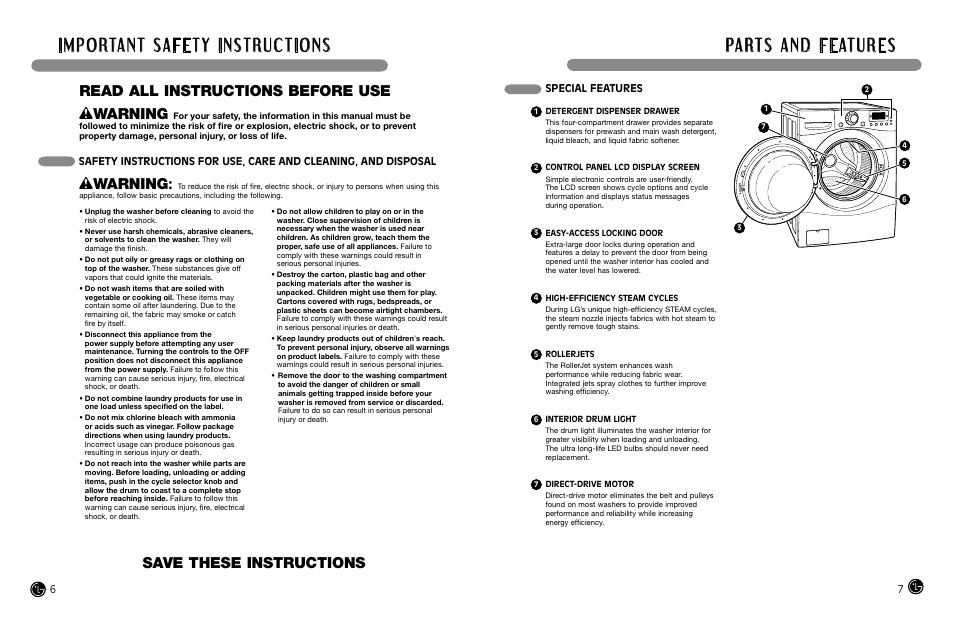 Wwarning, Special features | LG WM2688H*MA User Manual | Page 4 / 37