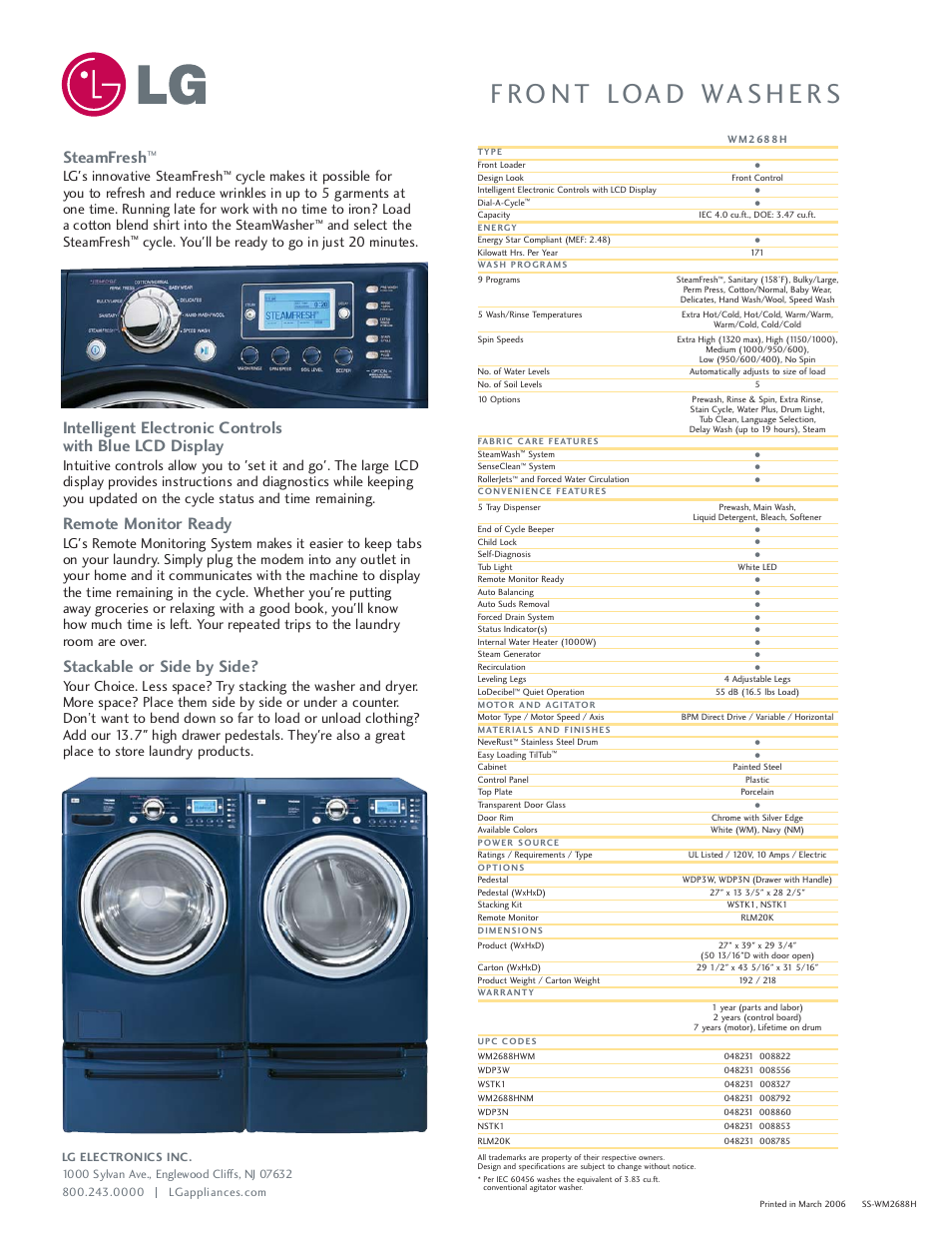 Steamfresh, Remote monitor ready, Stackable or side by side | Lg's innovative steamfresh, And select the steamfresh, Cycle. you'll be ready to go in just 20 minutes | LG WM2688H User Manual | Page 2 / 2