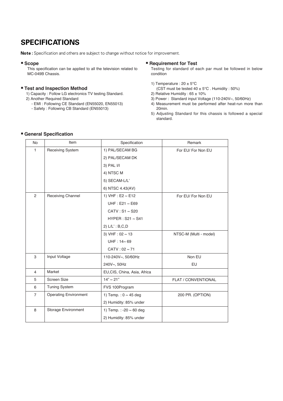 Specifications | LG RT-21FA35R/RX/V/VX User Manual | Page 7 / 29