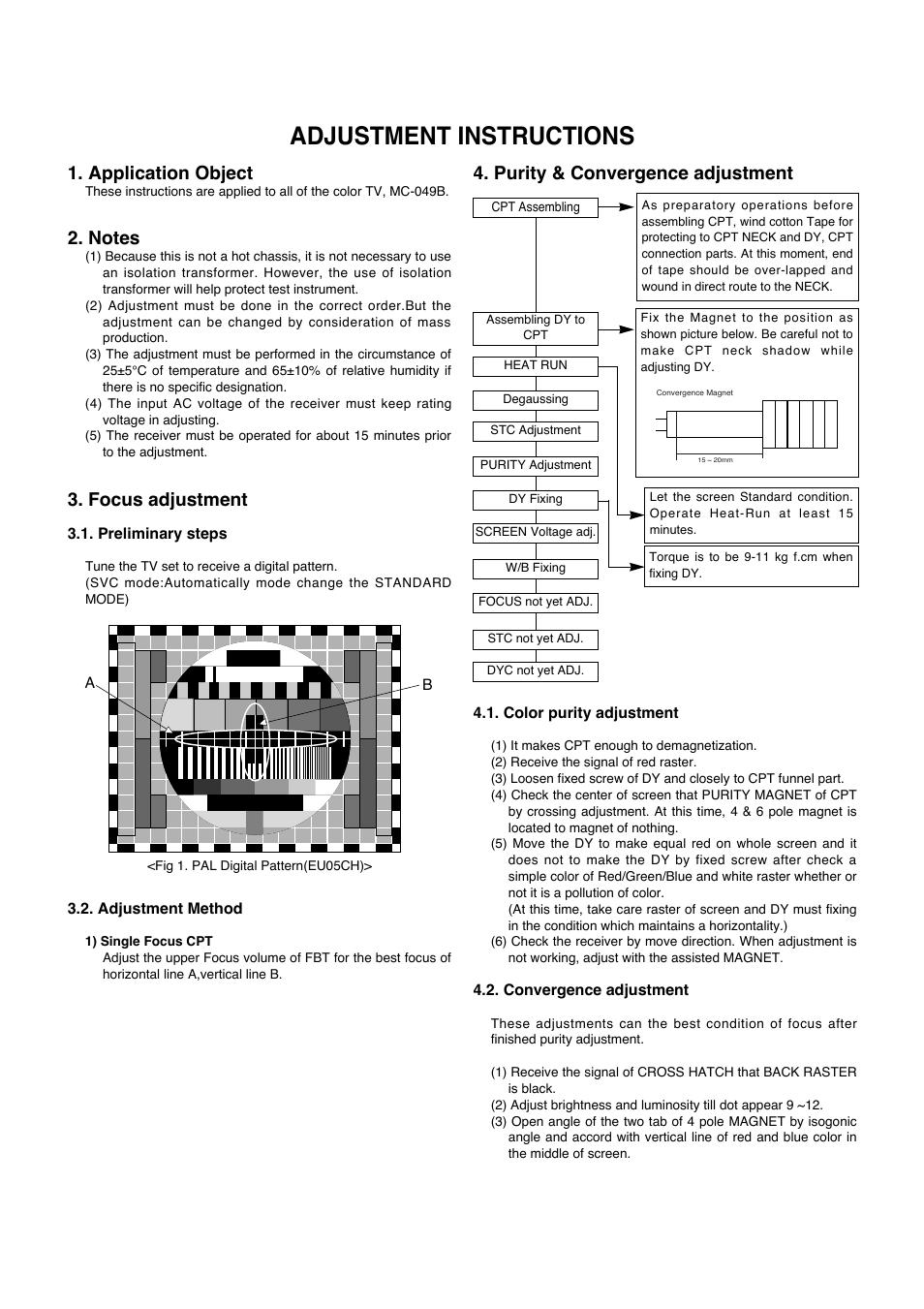 Adjustment instructions, Application object, Focus adjustment | Purity & convergence adjustment | LG RT-21FA35R/RX/V/VX User Manual | Page 8 / 29
