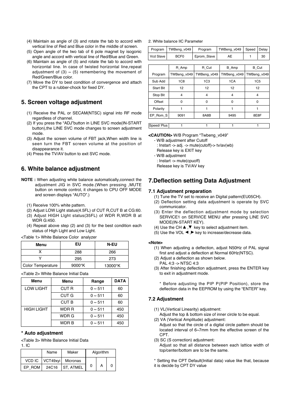Screen voltage adjustment, White balance adjustment, Deflection setting data adjustment | Auto adjustment, 1 adjustment preparation, 2 adjustment | LG RT-21FA35R/RX/V/VX User Manual | Page 9 / 29