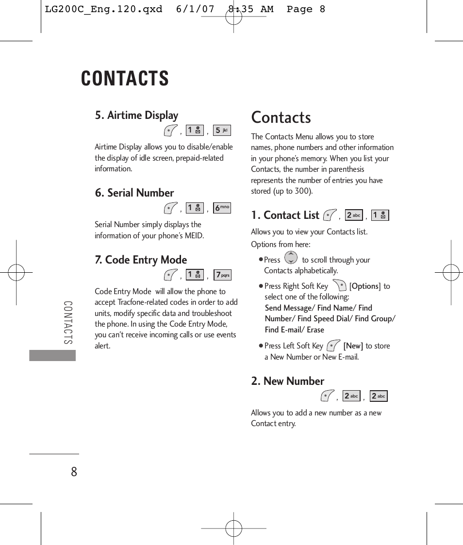 Contacts, Airtime display, Serial number | Code entry mode, Contact list, New number | LG 200C User Manual | Page 10 / 39