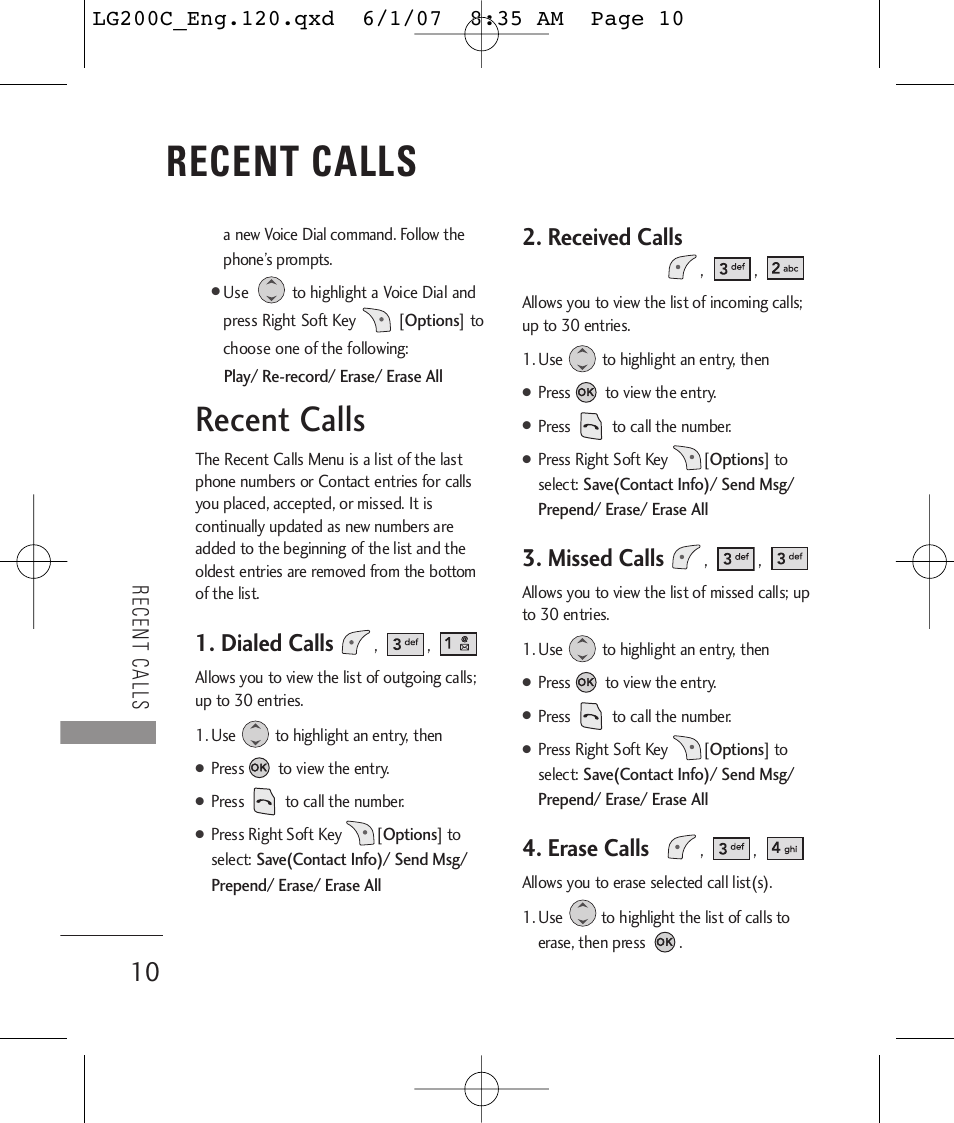 Recent calls, Dialed calls, Received calls | Missed calls, Erase calls | LG 200C User Manual | Page 12 / 39