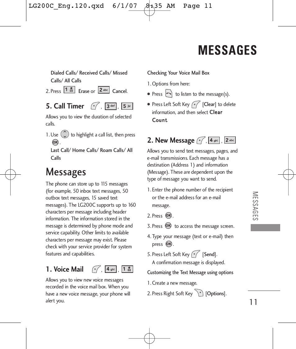 Messages, Call timer, Voice mail | New message | LG 200C User Manual | Page 13 / 39